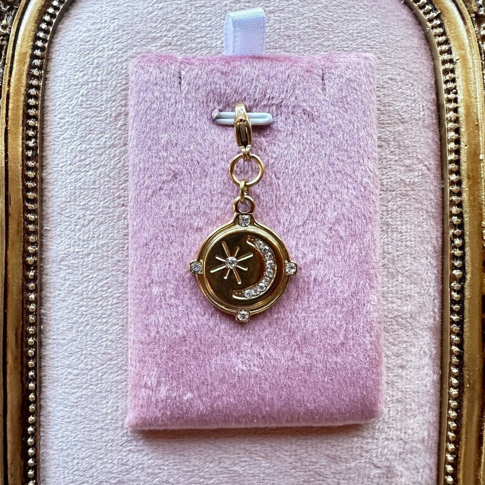 Moon & Star Charm Pendant 18k Gold PVD Stainless Steel Micro Crystals w/ Clasp